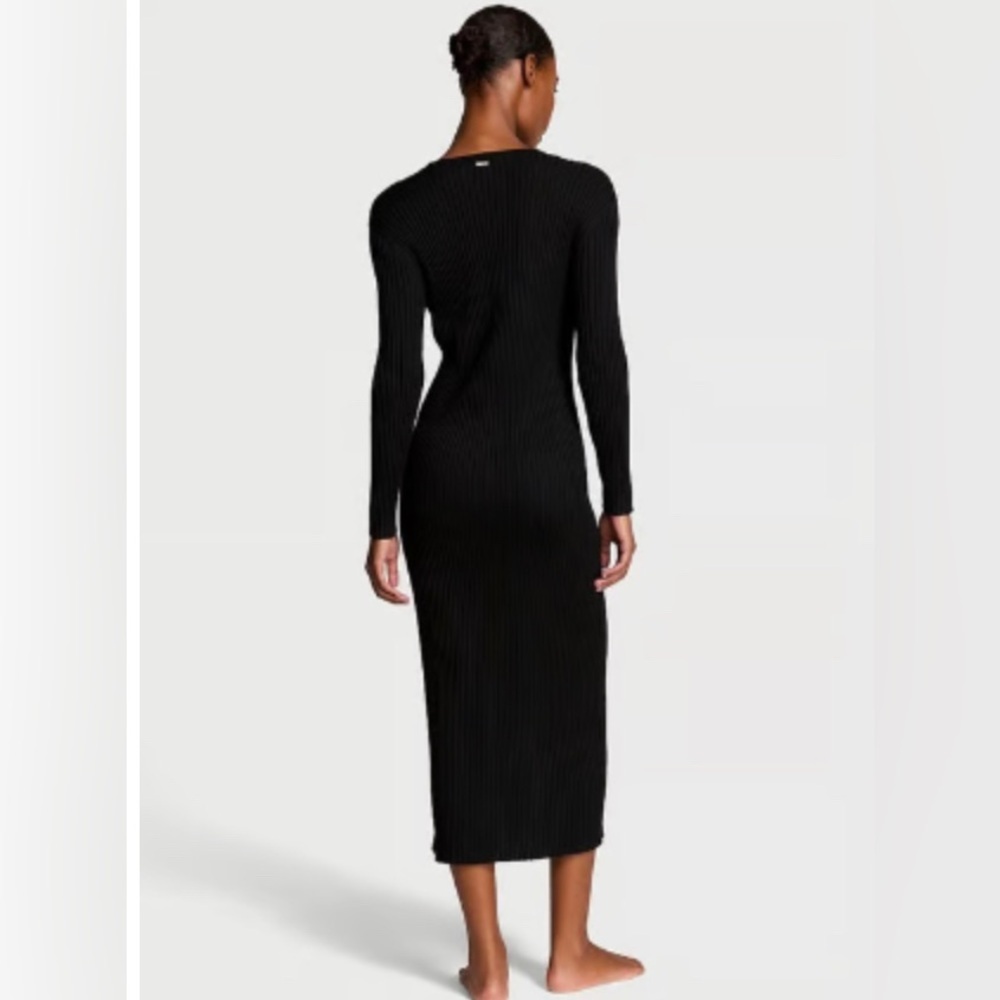 Victoria's Secret Black Ribbed Button-Front Long Sleeve Midi Dress - Picture 2 of 9
